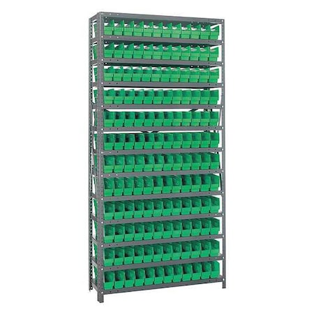 Quantum Storage Systems Steel Bin Shelving, 12 in D x 75 in H x 36 in W, 13 Shelves, Green 1275-100GN