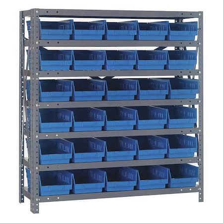 Quantum Storage Systems Steel Bin Shelving, 18 in D x 39 in H x 36 in W, 7 Shelves, Blue 1839-104BL