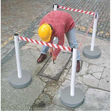 Tensabarrier Barrier Post with Belt, Red (Belt), White (Post), 7 1/2 ft Length, 38 in Post Height, No Legend 885-32-STD-NO-D3X-C