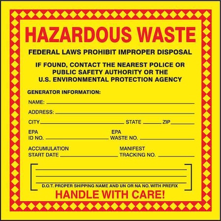 Accuform Hazardous Waste Label, 6 In. W, PK25, MHZW20PSP MHZW20PSP