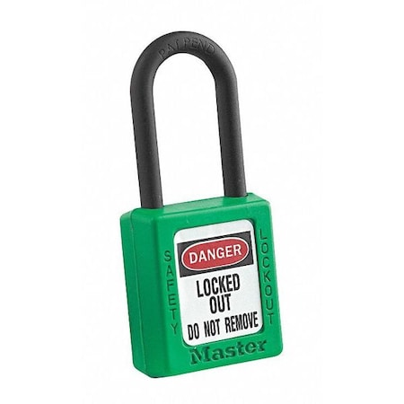 Master Lock Lockout Padlock, Keyed Alike, Thermoplastic, Green, 1 1/2 in Shackle Height, 1 1/2 in Body Width 406KAGRN 4XX0003