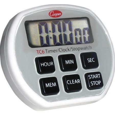 Cooper-Atkins Timer/Clock/Stopwatch, 6Button, 3A Battery TC6-0-8