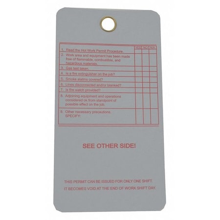 Zoro Select Tag, Hot Work Permit Approval, Cardstock, 3 in W, 5 3/4 in H 8PGY9
