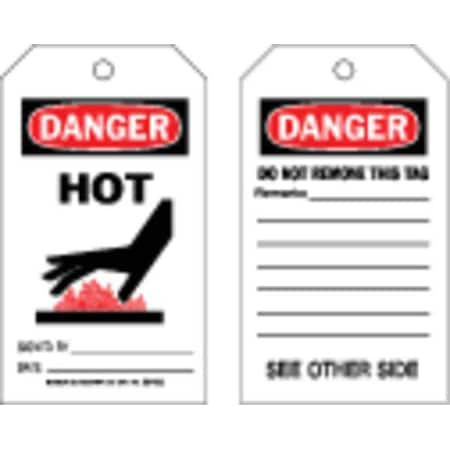Brady Danger Tag, Hot, Polyester, 7 in H x 4 in W, Black, Red, White, Rectangle, 10 PK 86596