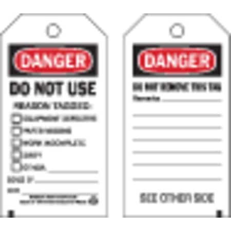 Brady Danger Tag, Lockout Tagout, Cardstock, 5 3/4 in H x 3 in W, Black, Red, White, Rectangle, 100 PK 86643