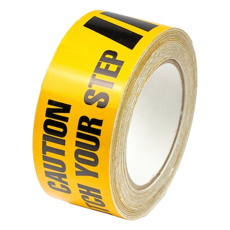 Zoro Select Barricade Tape, Caution Watch Your Step, Black/Yellow, 2 in Wide x 60 ft Length, Vinyl, 4.5 mil LB51726
