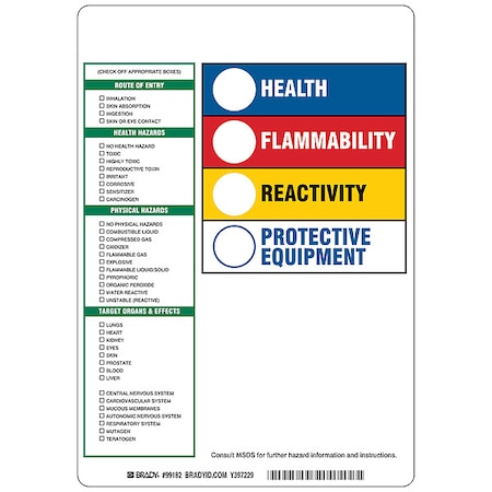 Brady Rectangle HMIG Reactivity Label 10"H x 7-1/4"W, Multicolor, Pk100 99182