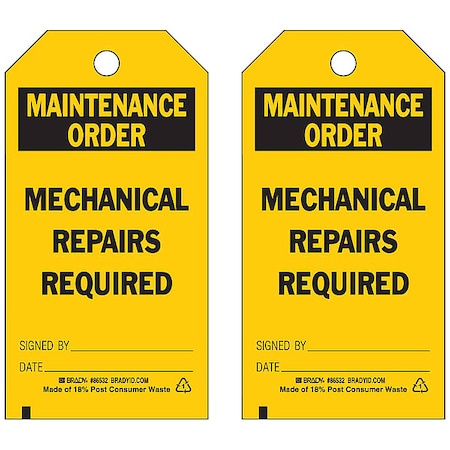 Brady Tag, Safety, Polyester, 5 3/4 in H x 3 in W, Black on Yellow, Rectangle, 10 PK 86532