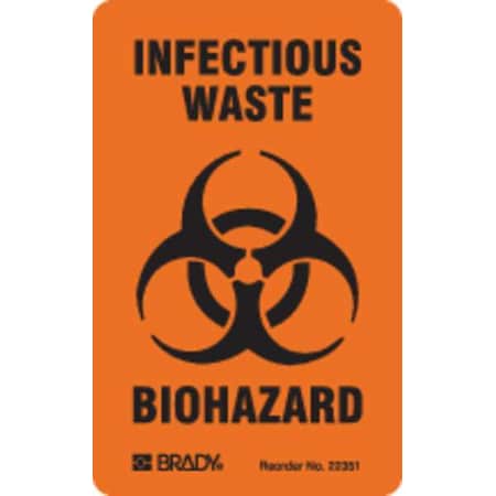 Brady Biohazard Label, 3 in Height, 1 17/20 in Width, Paper, Vertical Rectangle, English 22351LS