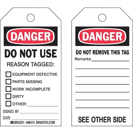 Brady Danger Tag, Lockout Tagout, Polyester, 5 3/4 in H x 3 in W, Black, Red, White, Rectangle, 10 PK 86414