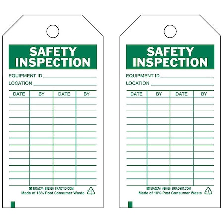 Brady Tag, Inspection, Polyester, 5 3/4 in H x 3 in W, Green on White, Rectangle, 10 PK 86556