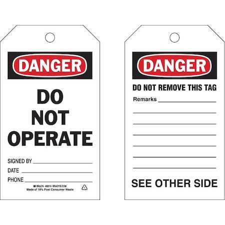 Brady Danger Tag, 7 x 4 In, Bk and R/Wht, PK10 86516