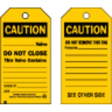 Brady Caution Tag, Lockout Tagout, Polyester, 5 3/4 in H x 3 in W, Black, Yellow, Rectangle, 10 PK 86552