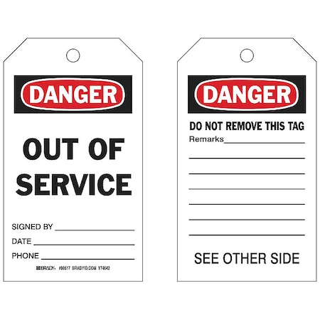 Brady Danger Tag, 7 x 4 In, Bk and R/Wht, PK10 86517