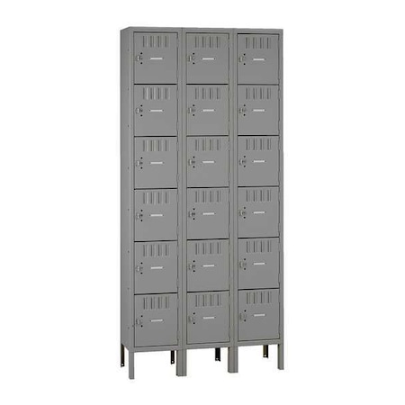 Tennsco Box Locker, 36 in W, 12 in D, 78 in H, (3) Wide, (6) Tier, Gray BK6-121212-3  MED GR