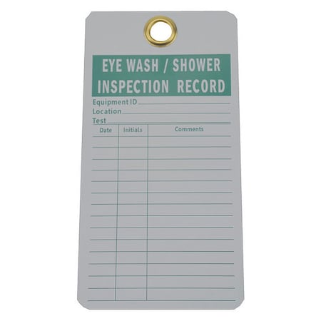 Zoro Select Tag. Emergency Eyewash & Shower Inspection Record, Cardstock, 5 x 3, White Tag/Green Legend, PK25 8Z511