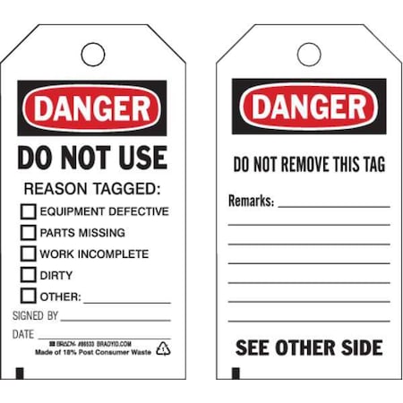 Brady Danger Tag, Lockout Tagout, Polyester, 5 3/4 in H x 3 in W, Black ...