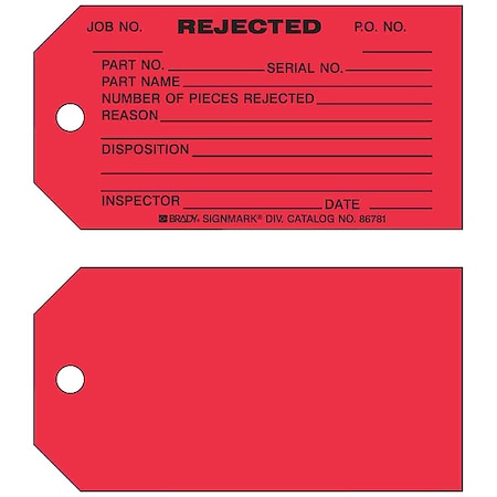 Brady Tag, Inspection, Paper, 5 3/4 in H x 3 in W, Black on Red, Rectangle, 100 PK 86781