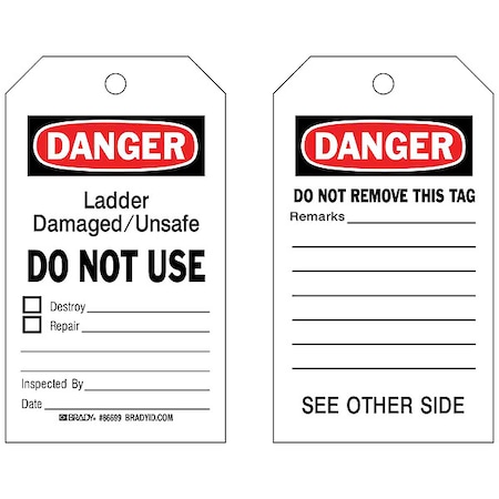 Brady Tag, Inspection, Paper, 7 in H x 4 in W, Black, Red on White, Rectangle, 100 PK 86699