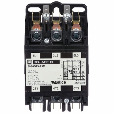 Square D Definite Purpose Contactor, 208V-240V AC, 3 P, Non-Reversing, 3 Phase, Box Lug & Quick Connect 8910DPA73RV09