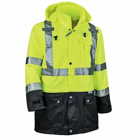 Ergodyne Hi-Vis Rain Jacket, Polyester/Polyurethane Coating, Class 3 Type R, Lime/Black, 3XL 8365BK-3XL