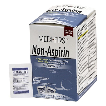 Medi-First Non-Aspirin Pain Relief, Acetaminophen, 325 mg., Tablet Form, Wrapped Packets, PK250 (125PK of 2) 80348