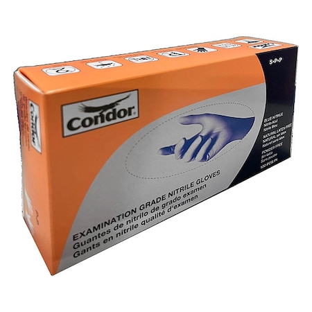 Condor Disposable Gloves, Chemical-Resistant/Medical Grade, 4 mil, Nitrile, Powder-Free, S, 100 PK, Blue 819MF8