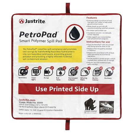 Justrite Sorbent Pad, 53.9 in x 53.9 in, Flammable Liquids, Fuels, White, 2 PK 83988PK