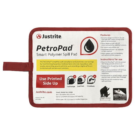 Justrite Sorbent Pad, Not Applicable, 24 in x 18.1 in, Flammable Liquids, Fuels, White 83982