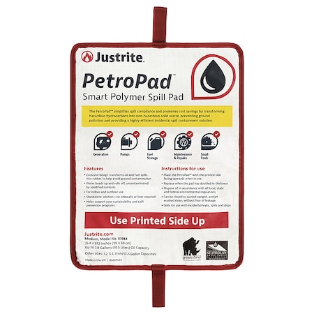 Justrite Sorbent Pad, 27.2 in x 35.4 in, Flammable Liquids, Fuels, White, Polymer, Smart Polymers, Vinyl 83984PK