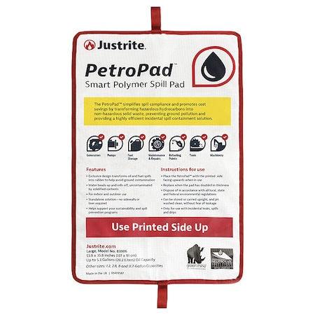 Justrite Sorbent Pad, 35.8 in x 53.9 in, Flammable Liquids, Fuels, White, Polymer, Smart Polymers, Vinyl 83986