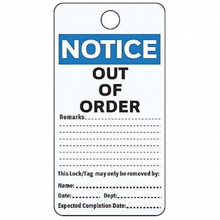 Electromark Notice Tag, Cardstock, 5 3/4 in H x 3 in W, White, Rectangle, 25 PK Y625718
