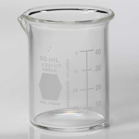 Kimble Chase Beaker, Borosilicate Glass, Low Form, 50 mL / 1.69 fl oz Capacity, A Type I, 48 PK 14000-50