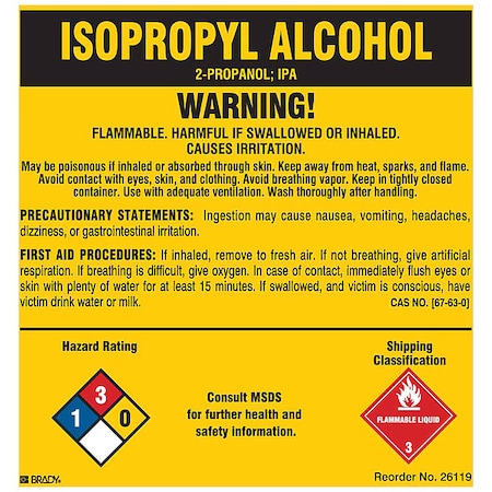 Brady ISOPROPYL ALCOHOL, ISOPROPYL ALCOHOL, 5 in W x 5 in H 26119LS