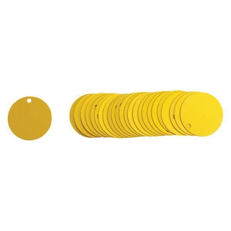 Brady Blank Tag, Aluminum, 1 1/2 in H x 1 1/2 in W, 1 1/2 in Dia., Yellow, Round, 25 PK 49900