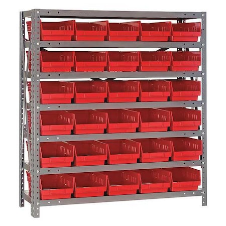 Quantum Storage Systems Steel Bin Shelving, 12 in D x 39 in H x 36 in W, 7 Shelves, Red 1239-102RD