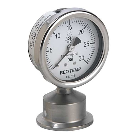 Reotemp Pressure Gauge, 0 to 30 psi, 2 1/2 in Dial, 1 1/2 in Tri-Clamp, Bottom Location SG25ATC15P16