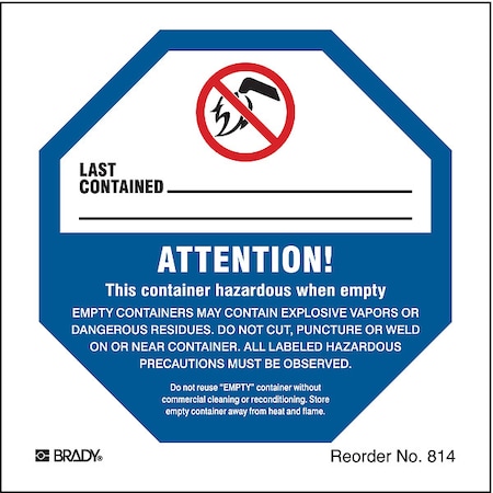 Brady Empty Drum Warning Label, 4 In. H, PK100 814LS
