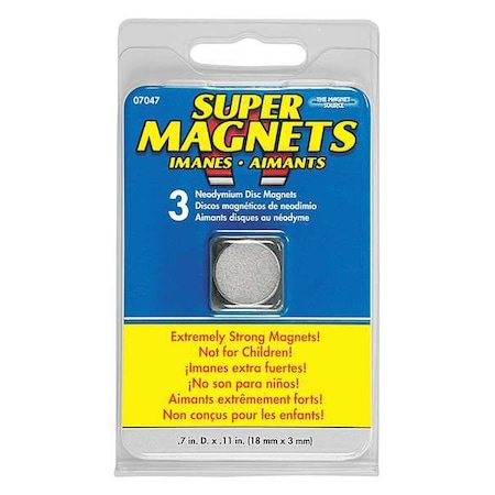 Zoro Select Disc Magnet, Neodymium, 6 lb. Pull, PK3 7047