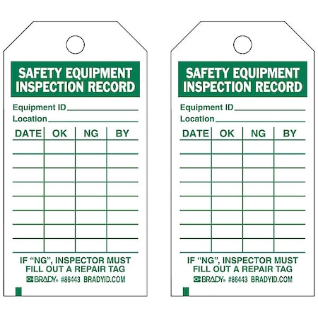 Brady Tag, Inspection, Heavy Duty Polyester, 5 3/4 in H x 3 in W, Green on White, Rectangle, 10 PK 86443