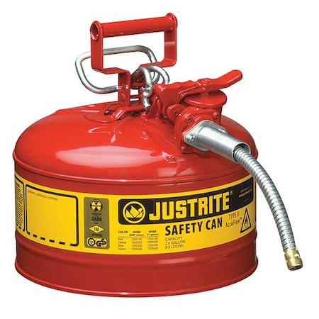 Justrite Type II Safety Can, AccuFlow(TM), Galvanized Steel, 2.5 gal, 5/8 in Metal Hose, Red, Flammables 7225120