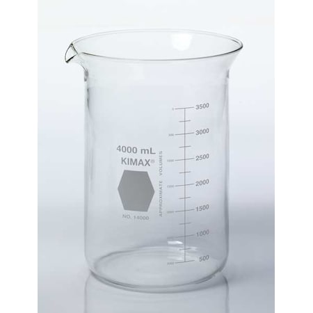 Kimble Chase Beaker, Borosilicate Glass, Low Form, 4 L / 1.06 gal Capacity, A Type I, 6 PK 14000-4000