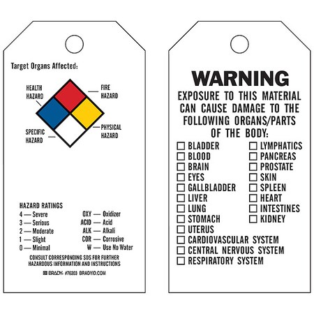 Brady Tag, Vinyl, Target Organs Affected, PK25, 76203 76203