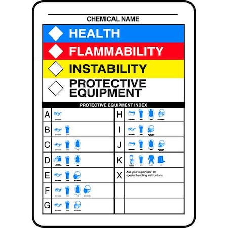 Accuform Chemical Label, Chemical Name, Health, Flammability, Reactivity, Protective Equipment, Vinyl ZFD841VS