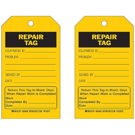 Brady Tag, Safety, Polyester, 7 in H x 4 in W, Black on Yellow, Rectangle, 10 PK 86496