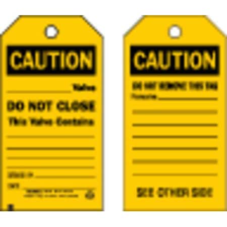 Brady Caution Tag, Accident Prevention, Cardstock, 5 3/4 in H x 3 in W, Black, Yellow, Rectangle, 100 PK 86662