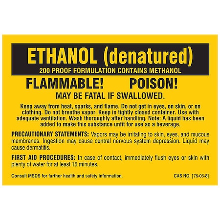 Brady Label, ETHANOL (denatured), Polyester, 5 in W, 3 1/2 in H 7258QLS