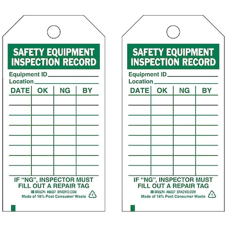 Brady Tag, Inspection, Polyester, 5 3/4 in H x 3 in W, Green on White, Rectangle, 10 PK 86557