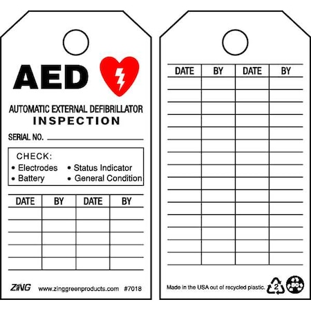 Zing Tag, AED, Plastic, 5 3/4 in H x 3 in W, White, Rectangle, 10 PK 7018