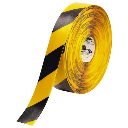 Mighty Line Floor Marking Tape, Rubber, Striped, Black, Yellow, 2 in W. 2RYCHV